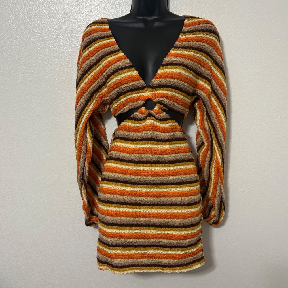 12th Tribe Size Small Orange Tan Knit Striped Cut Out Mini Dress Boho Travel